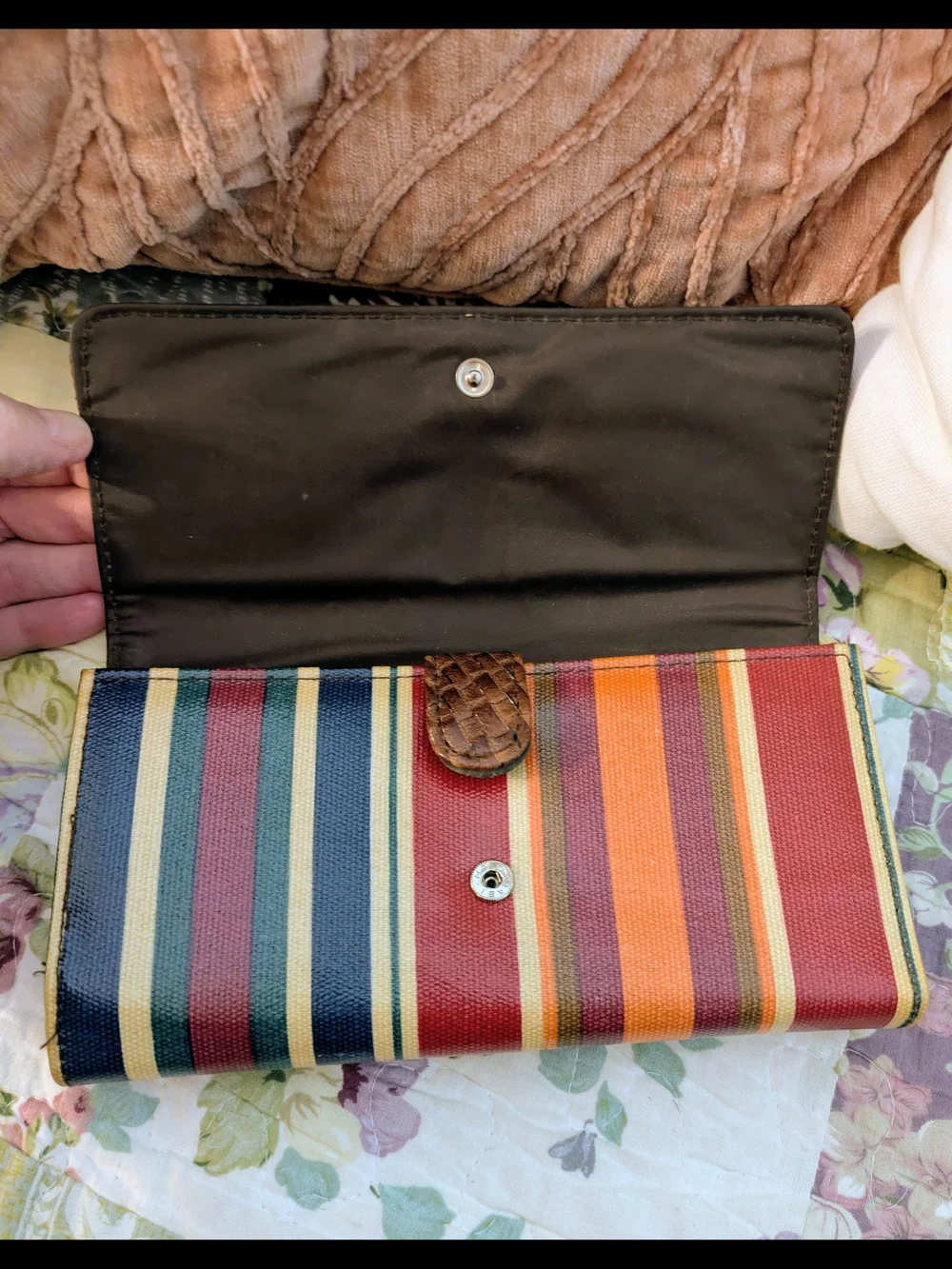 Striped Multicolor Women’s Trifold Wallet with Brown Trim